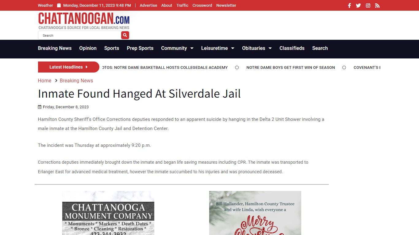 Inmate Found Hanged At Silverdale Jail - Chattanoogan.com